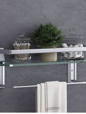 Modern Glass Shelf with Towel Bar - Silver